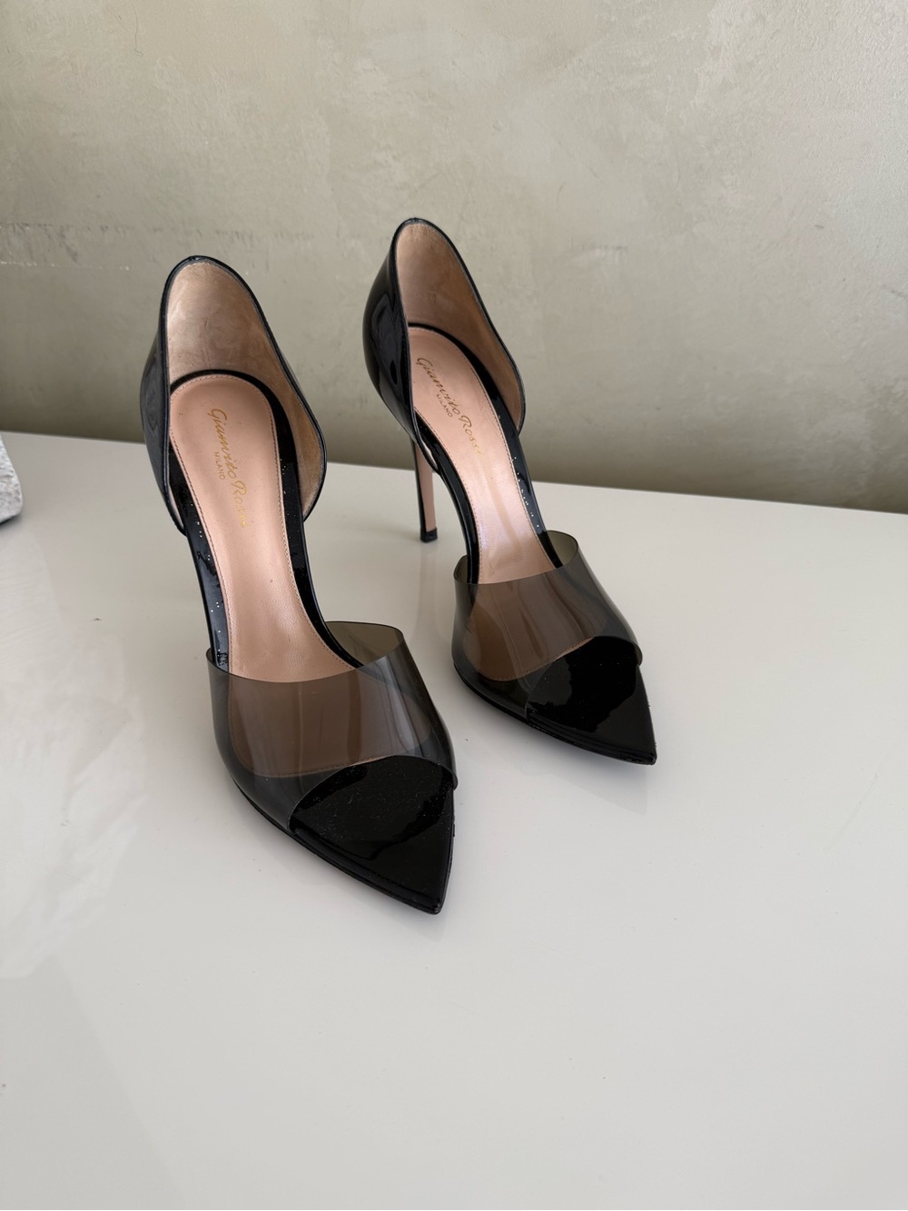 Gianvitto Rossi Black Patent Pointed-Toe D'Orsay Heels with Clear Strap